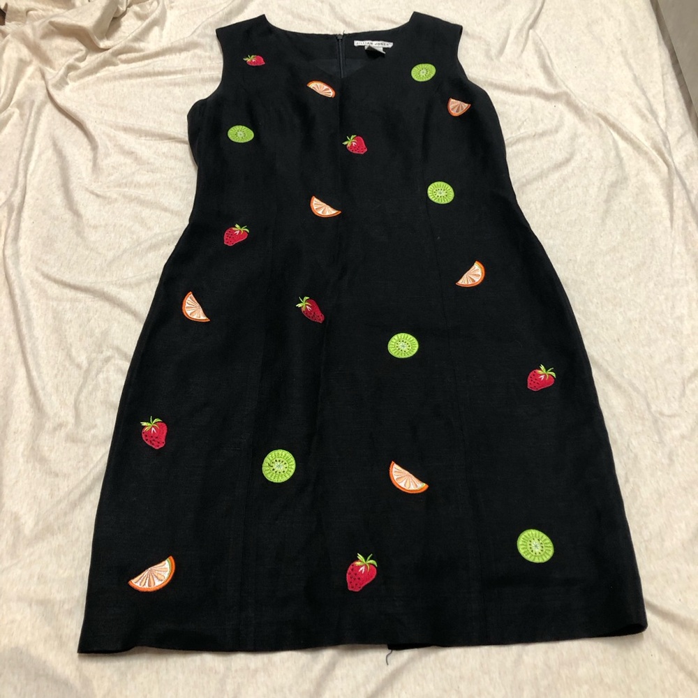 Jillian Jones All Over Fruit Print Embroidered Linen Blend Shift Dress Summer
